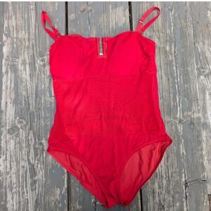 DKNY Red One Piece Swimsuit Women's L High Neck Zip Front Ruched Mesh